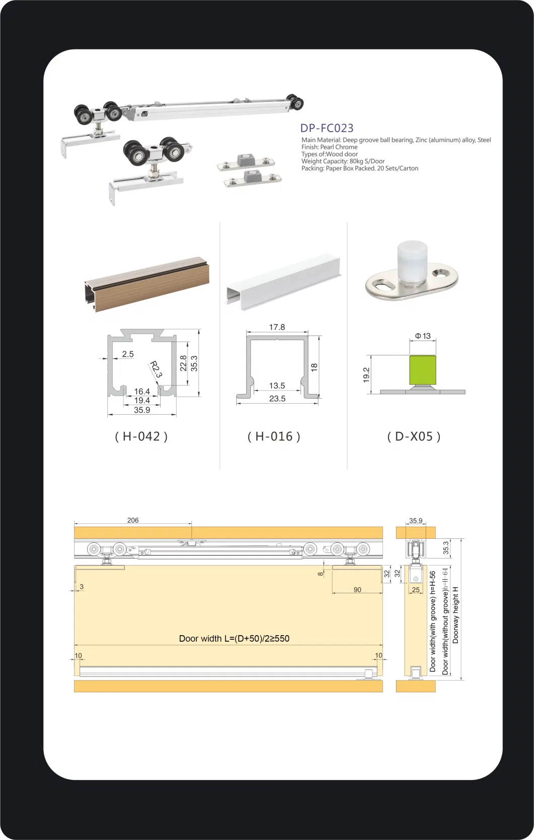 Wooden Sliding System with 80kg Double Side Damper Door Roller